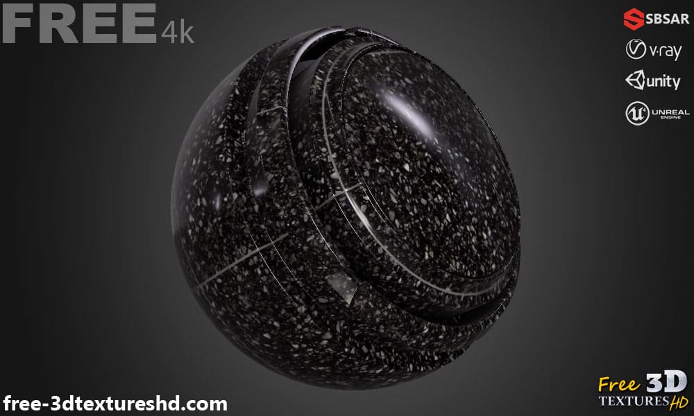 Carrelage de sol en céramique Black Venezia avec motif terrazzo, texture PBR SBSAR à télécharger gratuitement en haute résolution 4K pour Unity, Unreal Engine, et Vray
