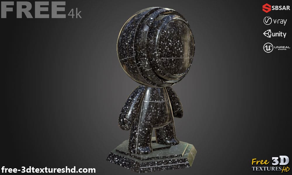 Carrelage de sol en céramique Black Venezia avec motif terrazzo, texture PBR SBSAR à télécharger gratuitement en haute résolution 4K pour Unity, Unreal Engine, et Vray