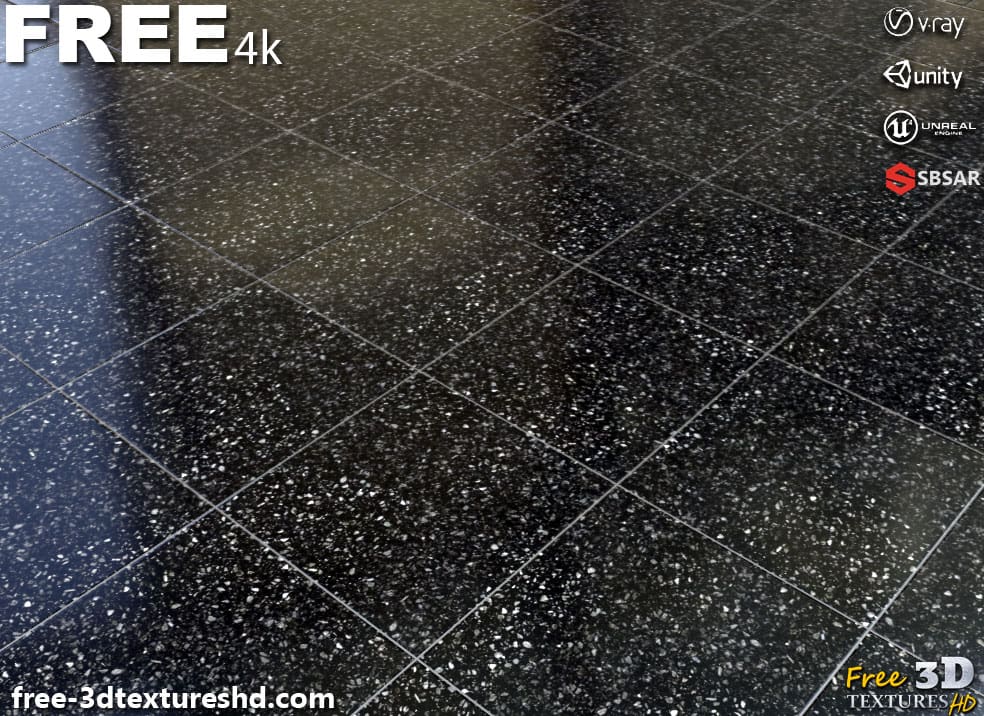Carrelage de sol en céramique Black Venezia avec motif terrazzo, texture PBR SBSAR à télécharger gratuitement en haute résolution 4K pour Unity, Unreal Engine, et Vray