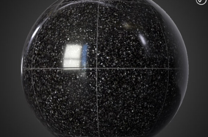 Carrelage de sol en céramique Black Venezia avec motif terrazzo, texture PBR SBSAR à télécharger gratuitement en haute résolution 4K pour Unity, Unreal Engine, et Vray