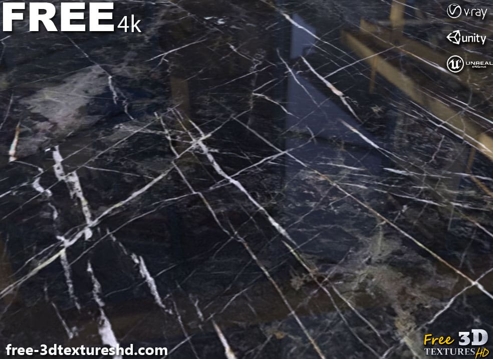 Texture PBR en marbre noir et jaune Téléchargement gratuit 4K haute résolution pour Unity, Unreal Engine et Vray