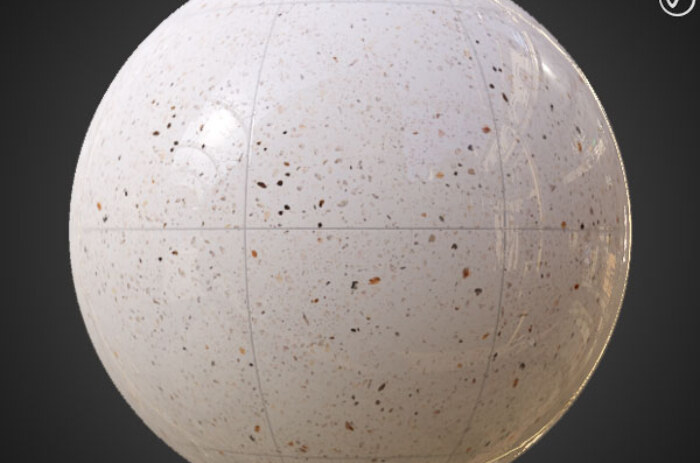 Carrelage de sol en céramique Blanc avec motif terrazzo, texture PBR SBSAR transparente à télécharger gratuitement en haute résolution 4K pour Unity, Unreal Engine, et Vray