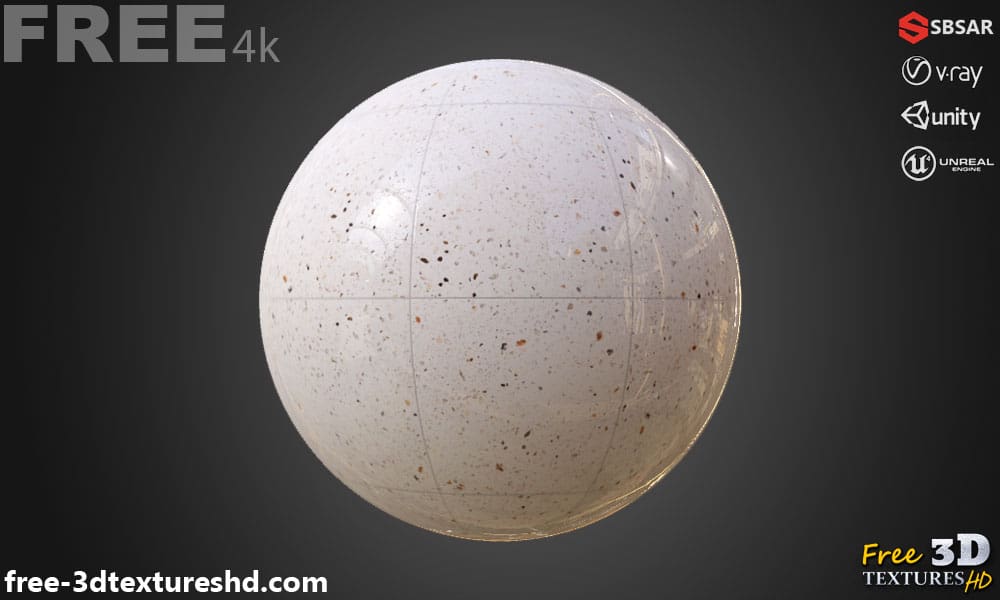 White Ceramic Floor Tile Terrazzo Pattern Seamless Substance SBSAR PBR Texture Free Download 4K High Resolution for Unity, Unreal Engine, and Vray