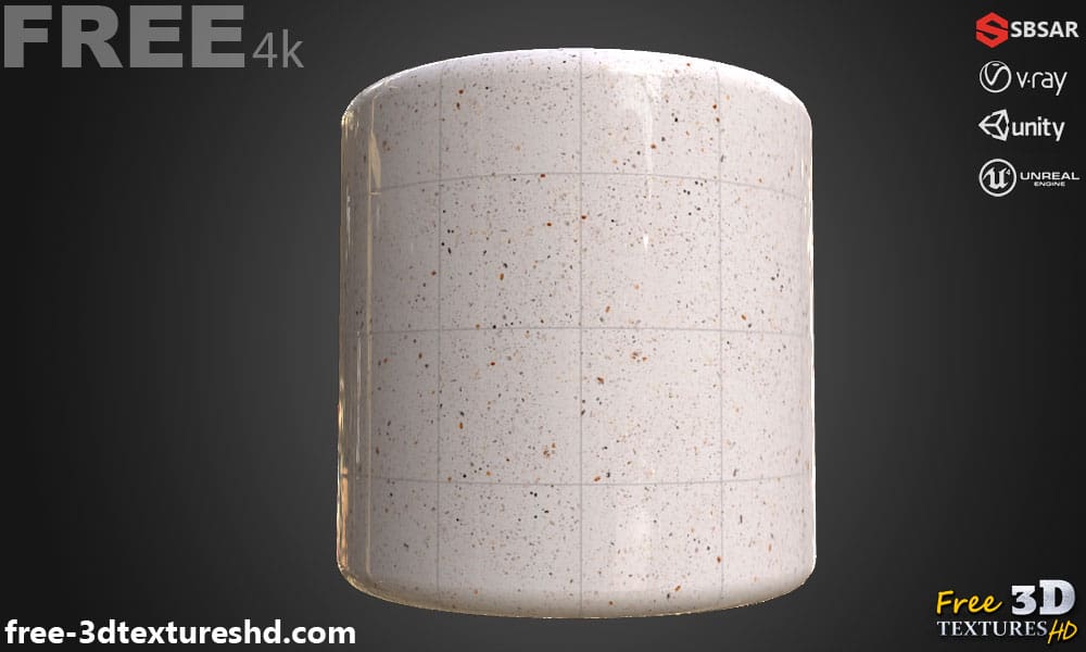 White Ceramic Floor Tile Terrazzo Pattern Seamless Substance SBSAR PBR Texture Free Download 4K High Resolution for Unity, Unreal Engine, and Vray