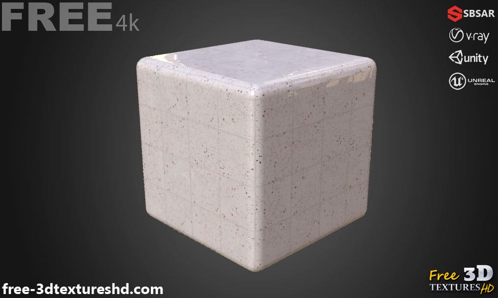 White Ceramic Floor Tile Terrazzo Pattern Seamless Substance SBSAR PBR Texture Free Download 4K High Resolution for Unity, Unreal Engine, and Vray
