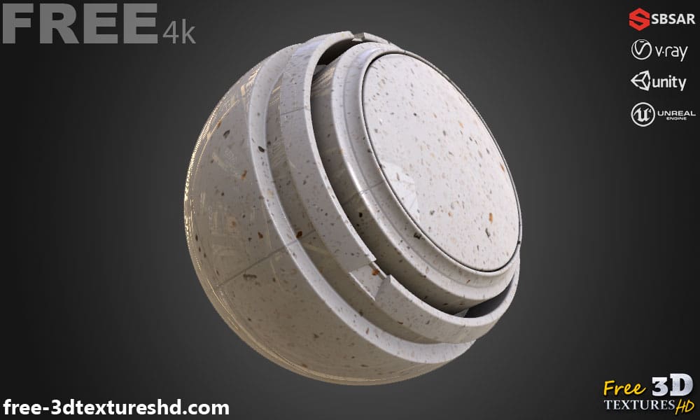 White Ceramic Floor Tile Terrazzo Pattern Seamless Substance SBSAR PBR Texture Free Download 4K High Resolution for Unity, Unreal Engine, and Vray