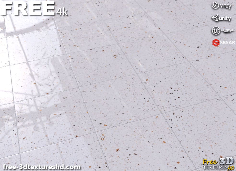 White Ceramic Floor Tile Terrazzo Pattern Seamless Substance SBSAR PBR Texture Free Download 4K High Resolution for Unity, Unreal Engine, and Vray