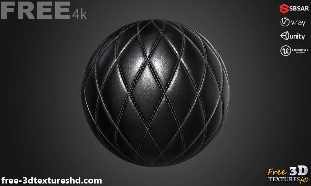 Texture PBR 3D Cuir Diamant Noir Double Couture SBSAR Téléchargement Gratuit 4K Haute Résolution pour Unity, Unreal Engine et Vray
