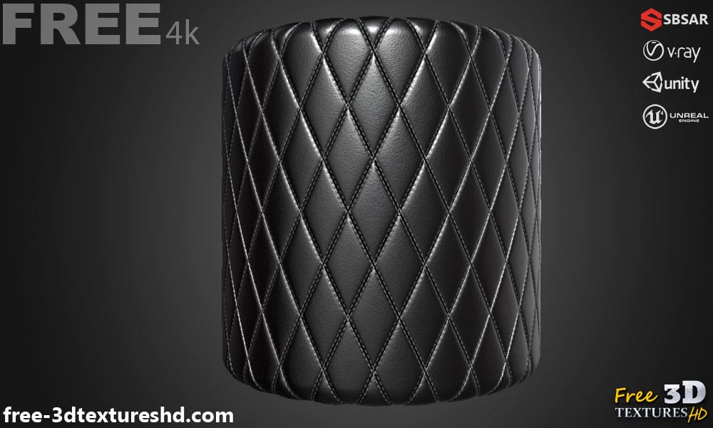 Texture PBR 3D Cuir Diamant Noir Double Couture SBSAR Téléchargement Gratuit 4K Haute Résolution pour Unity, Unreal Engine et Vray