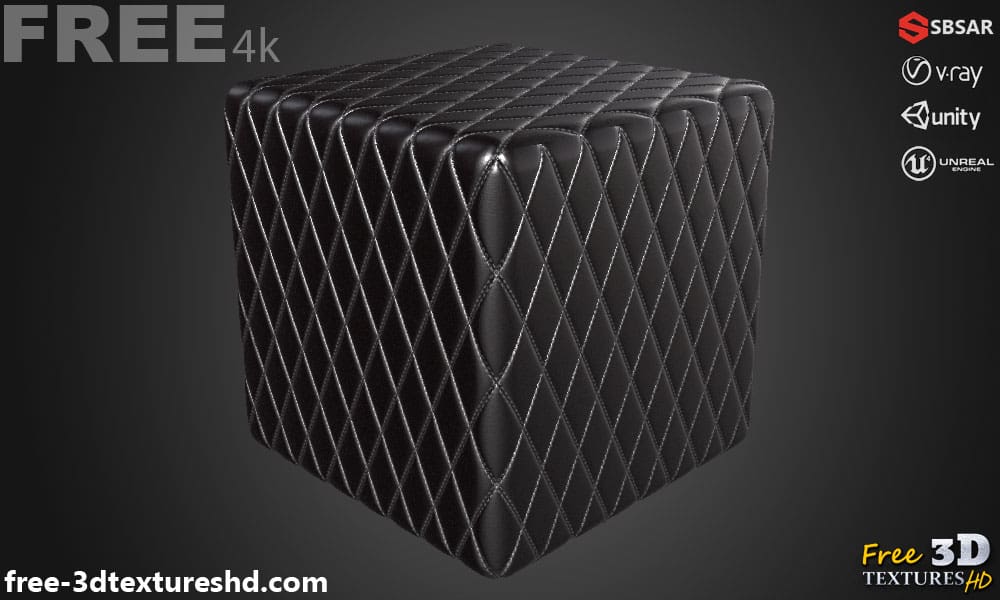 Texture PBR 3D Cuir Diamant Noir Double Couture SBSAR Téléchargement Gratuit 4K Haute Résolution pour Unity, Unreal Engine et Vray