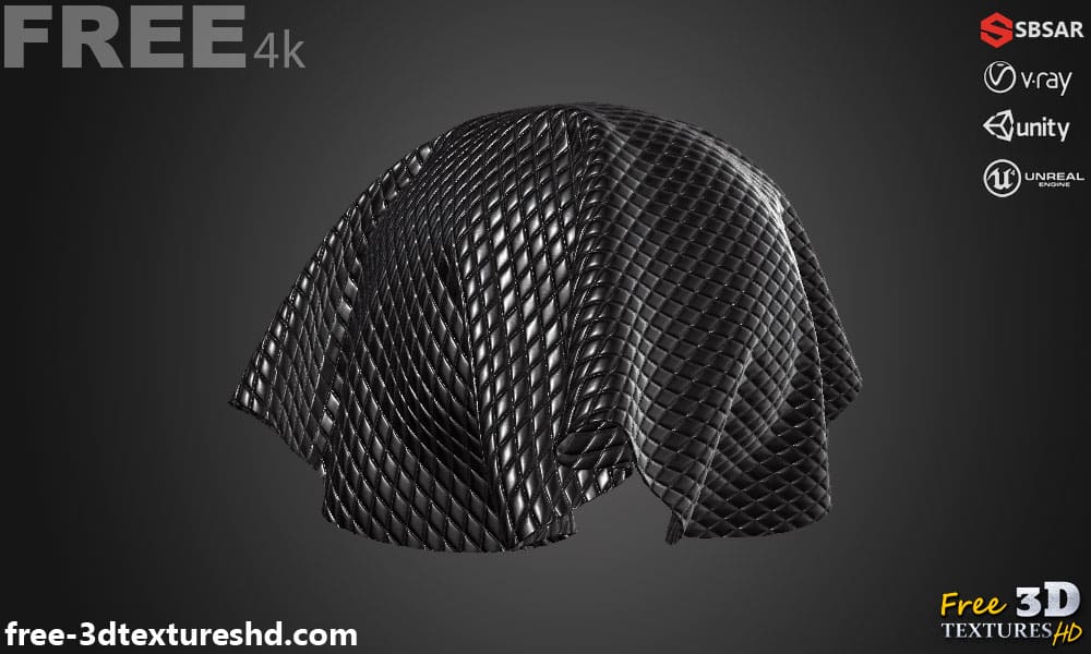 Texture PBR 3D Cuir Diamant Noir Double Couture SBSAR Téléchargement Gratuit 4K Haute Résolution pour Unity, Unreal Engine et Vray