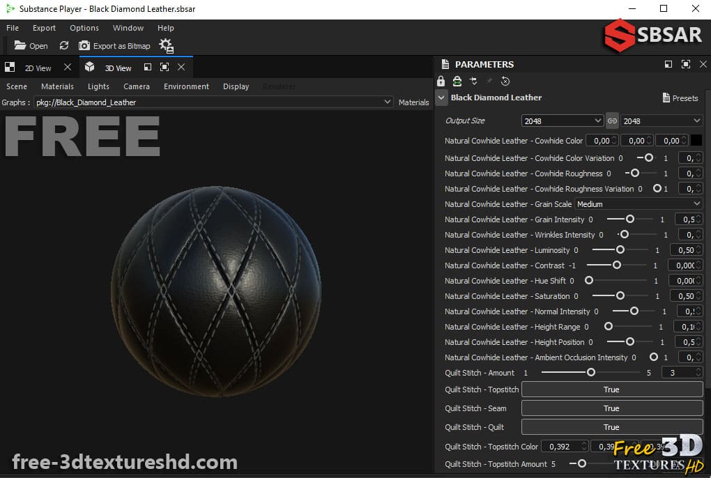 Texture 3D PBR en cuir Black Diamond Double Stitch Substance SBSAR Téléchargement gratuit 4K haute résolution pour Unreal, Unreal et Vray
