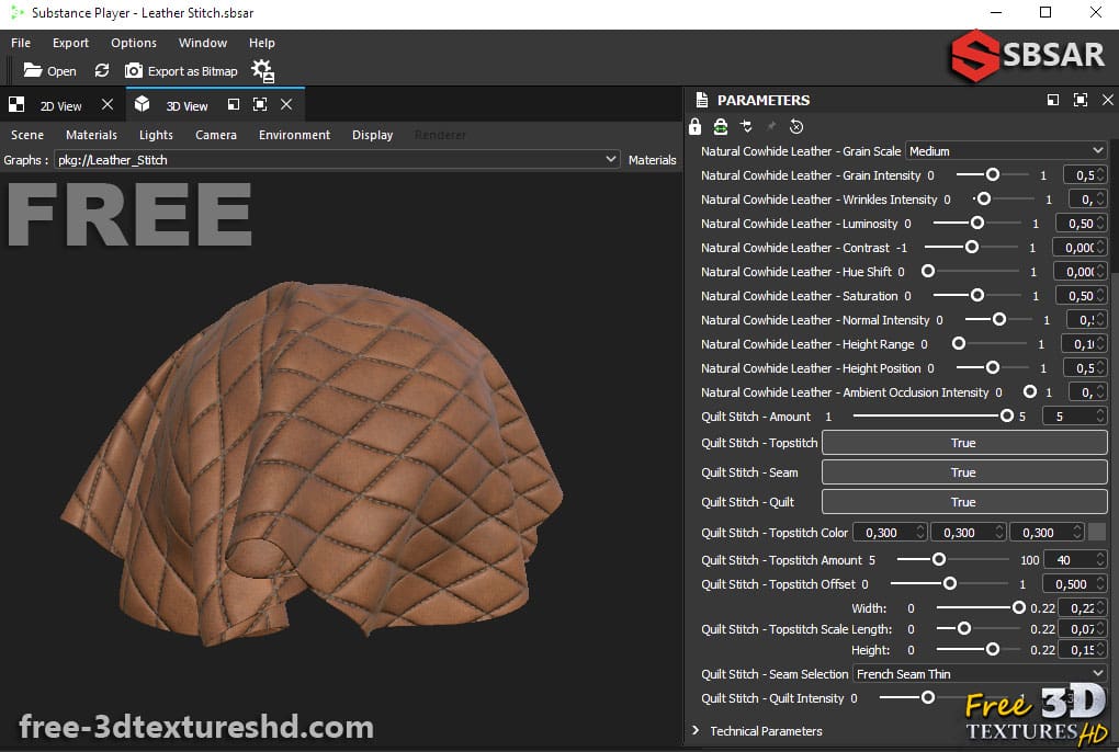 Texture 3D SBSAR de cuir naturel PBR Téléchargement gratuit 4K haute résolution pour Unity, Unreal Engine et Vray