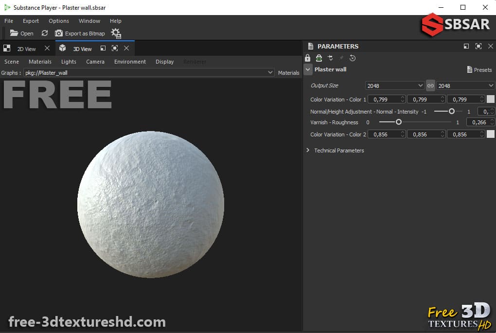 Plâtre mural sans couture Substance SBSAR Texture PBR 3D Téléchargement gratuit 4K haute résolution pour les projets Unity, Unreal, Vray