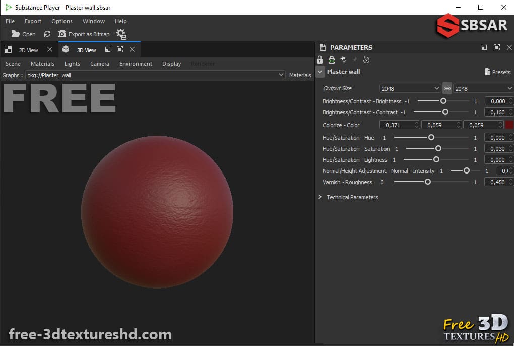Mur en plâtre rouge sans couture, texture SBSAR PBR 3D, téléchargement gratuit 4K haute résolution pour Unity, Unreal Engine et Vray