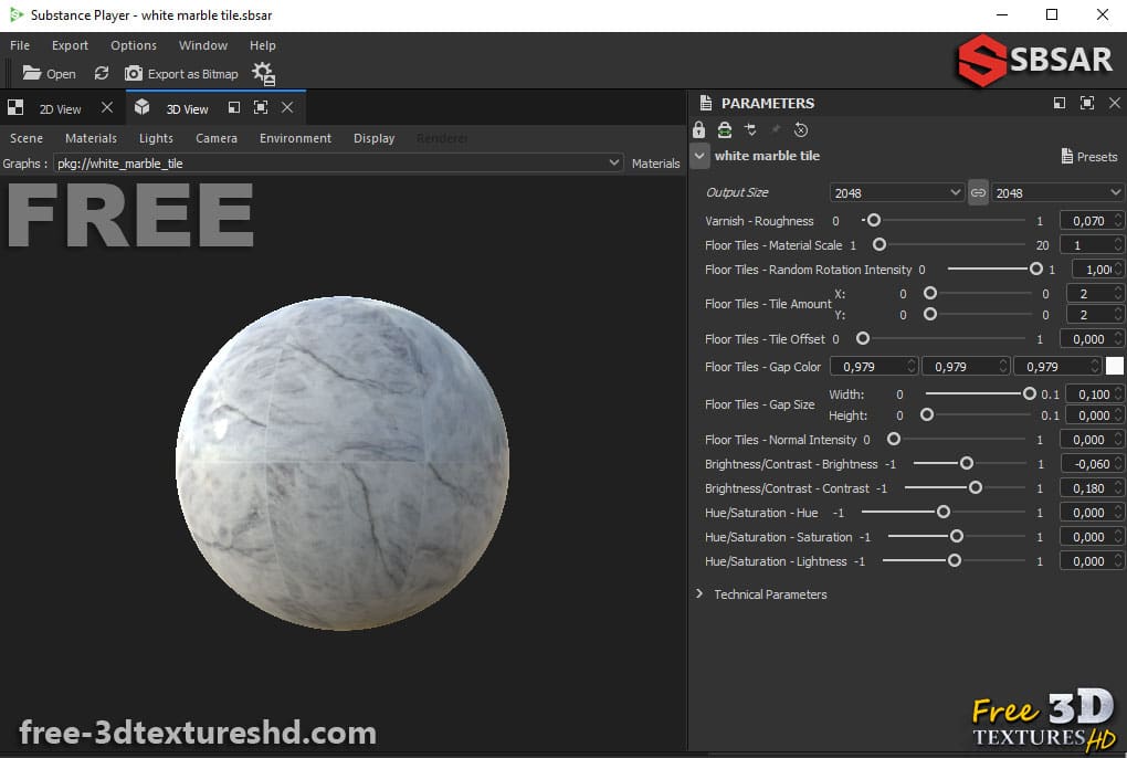 Téléchargement gratuit de texture de carrelage de sol en marbre blanc Substance SBSAR PBR 4K haute résolution pour Substance Player