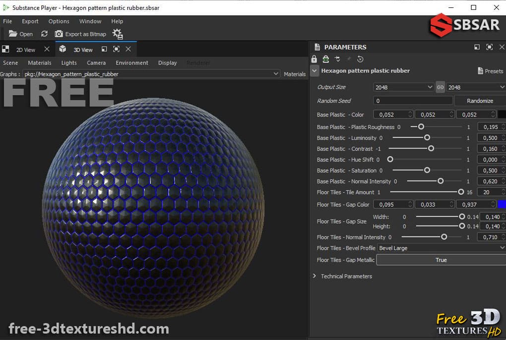 Téléchargement gratuit de texture 3D en caoutchouc et plastique à motif hexagonal. Générateur de substance SBSAR.  