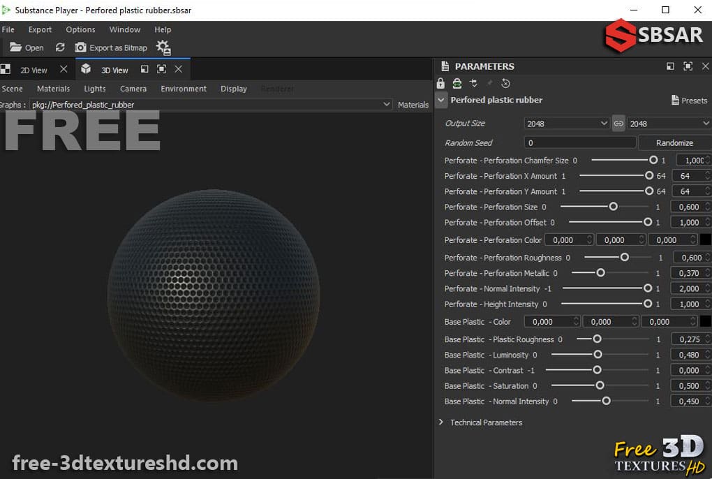 Téléchargement gratuit du générateur de textures PBR pour plastique perforé Substance SBSAR. Créez des matériaux plastiques haute résolution réalistes pour vos projets 3D.
