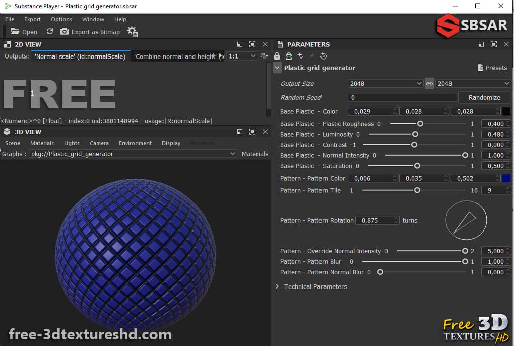 Téléchargement gratuit du générateur de textures PBR pour matériaux de grille en plastique Substance SBSAR. Créez des textures hautement détaillées et personnalisables pour l'industrie et l'architecture