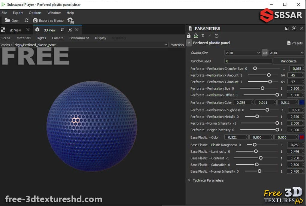 Texture 3D SBSAR de panneaux perforés en plastique gratuits. Rendu dans Substance Player.