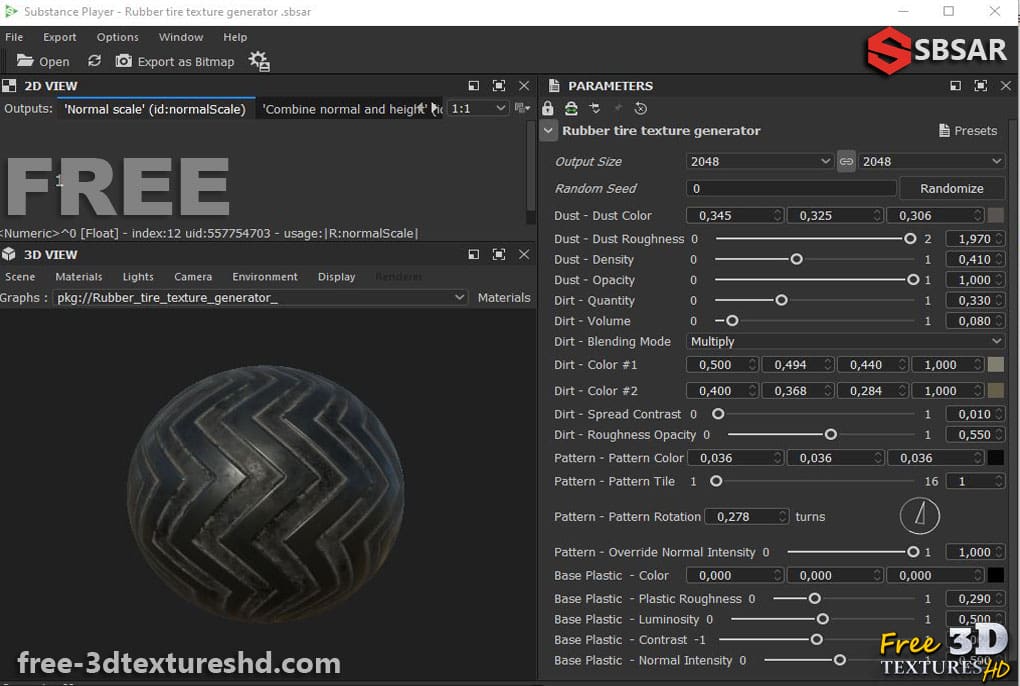 Générateur de textures PBR de pneus en caoutchouc Substance SBSAR Téléchargement gratuit 4K haute résolution pour des textures de pneus détaillées