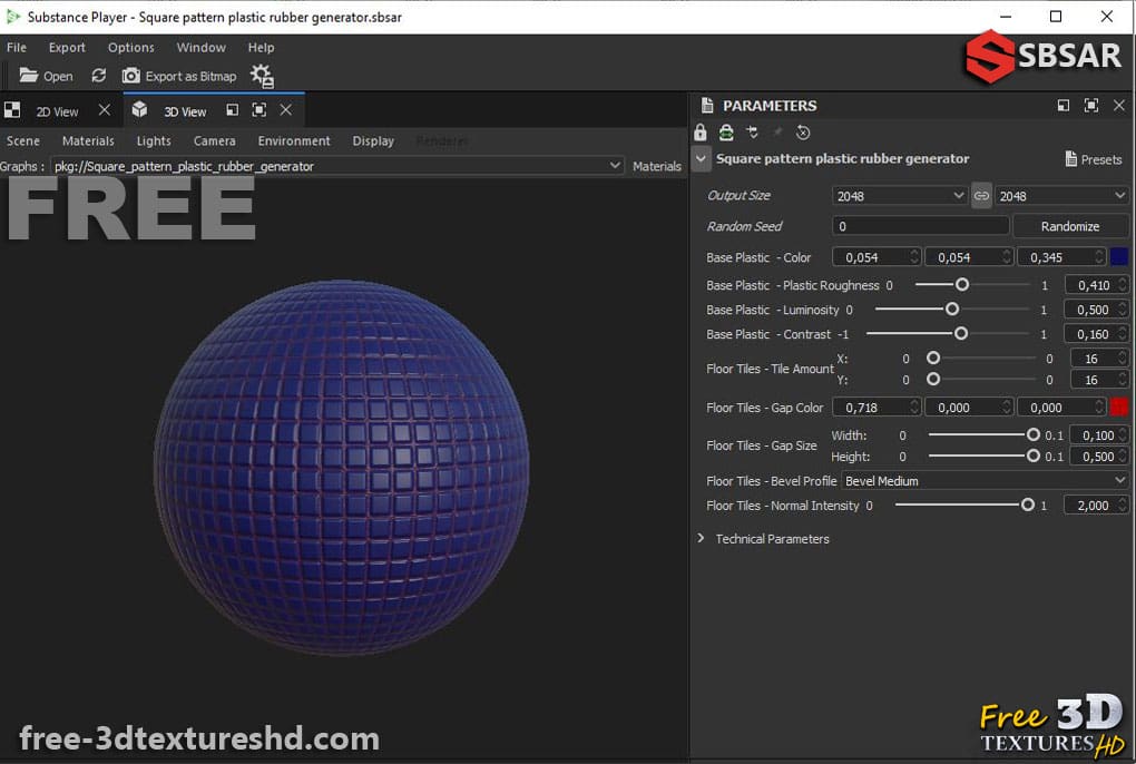Générateur de textures 3D en caoutchouc et plastique à motif carré (Substance SBSAR) à télécharger gratuitement pour des textures haute résolution et détaillées