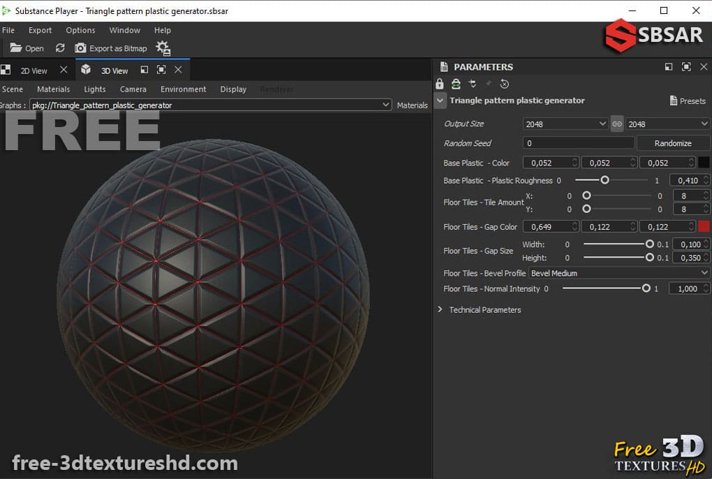 Générateur de textures 3D en caoutchouc et plastique à motif triangulaire (Substance SBSAR) à télécharger gratuitement pour des textures de surface haute résolution et détaillées