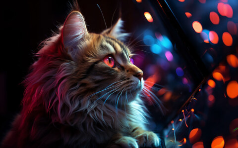 Chat dans une lumière colorée fond d'écran ultra HD 4K pour ordinateur de bureau, ordinateur portable, iPhone et téléphone téléchargement gratuit