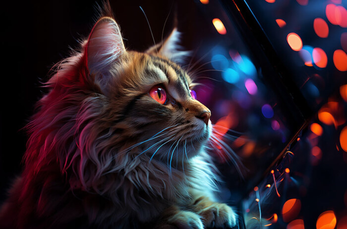Chat dans une lumière colorée fond d'écran ultra HD 4K pour ordinateur de bureau, ordinateur portable, iPhone et téléphone téléchargement gratuit