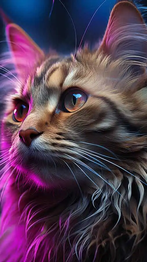 Fluffy cat on purple light HD wallpaper 4K free download for Phone and iPhone