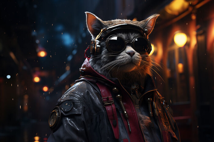 Fond d'écran Cyberpunk chat Ultra HD 4K pour ordinateur de bureau et téléphone à télécharger gratuitement