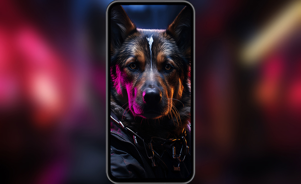 Fond d'écran ultra HD 4K de chien cyberpunk pour ordinateur de bureau, ordinateur portable, iPhone et téléphone à télécharger gratuitement