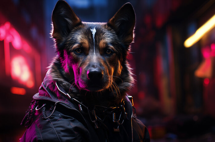 Fond d'écran ultra HD 4K de chien cyberpunk pour ordinateur de bureau, ordinateur portable, iPhone et téléphone à télécharger gratuitement