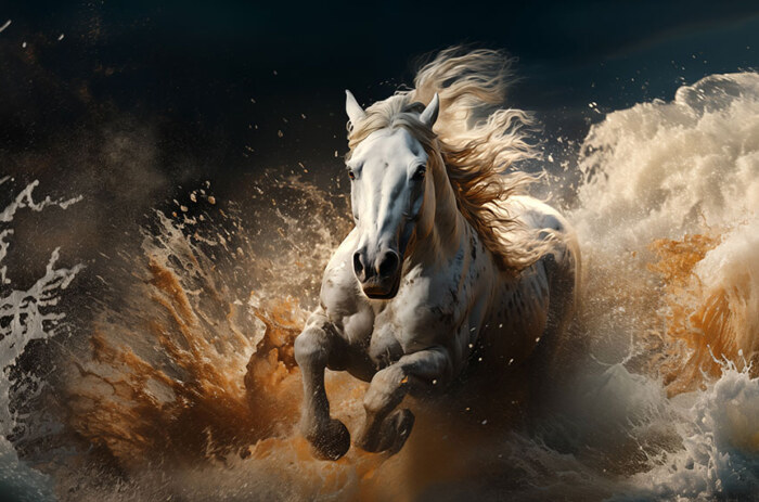 cheval blanc courant dans l'eau fond d'écran ultra HD 4K pour ordinateur de bureau, ordinateur portable, iPhone et téléphone téléchargement gratuit