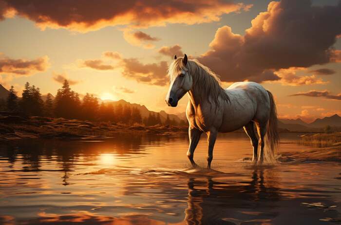 beau cheval blanc au coucher du soleil fond d'écran ultra HD 4K pour ordinateur de bureau et téléphone téléchargement gratuit