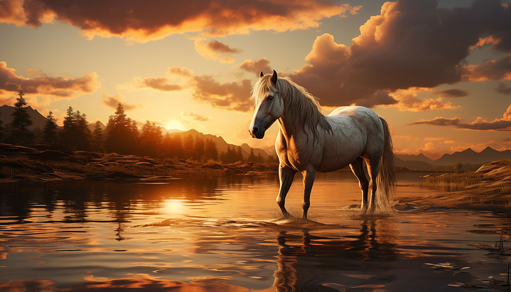 beau cheval blanc au coucher du soleil fond d'écran ultra HD 4K pour ordinateur de bureau et téléphone téléchargement gratuit