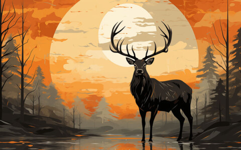 Cerf au coucher du soleil illustration fond d'écran ultra HD 4K pour ordinateur de bureau, ordinateur portable, iPhone et téléphone téléchargement gratuit