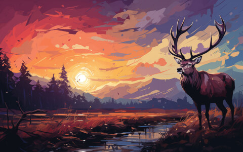 Cerf au coucher du soleil illustration fond d'écran ultra HD 4K pour ordinateur de bureau, ordinateur portable, iPhone et téléphone téléchargement gratuit