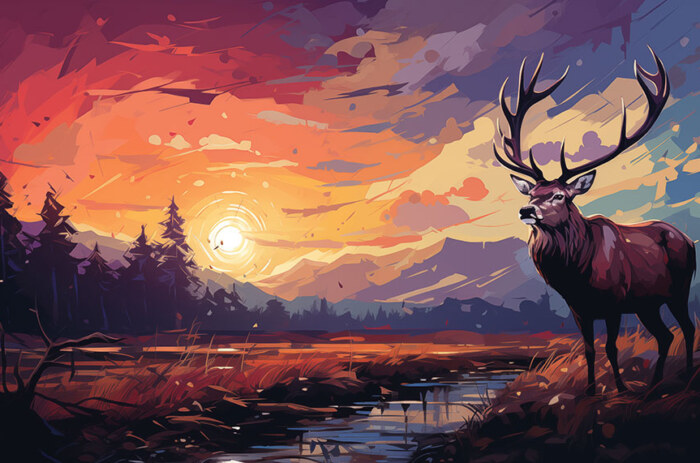 Cerf au coucher du soleil illustration fond d'écran ultra HD 4K pour ordinateur de bureau, ordinateur portable, iPhone et téléphone téléchargement gratuit