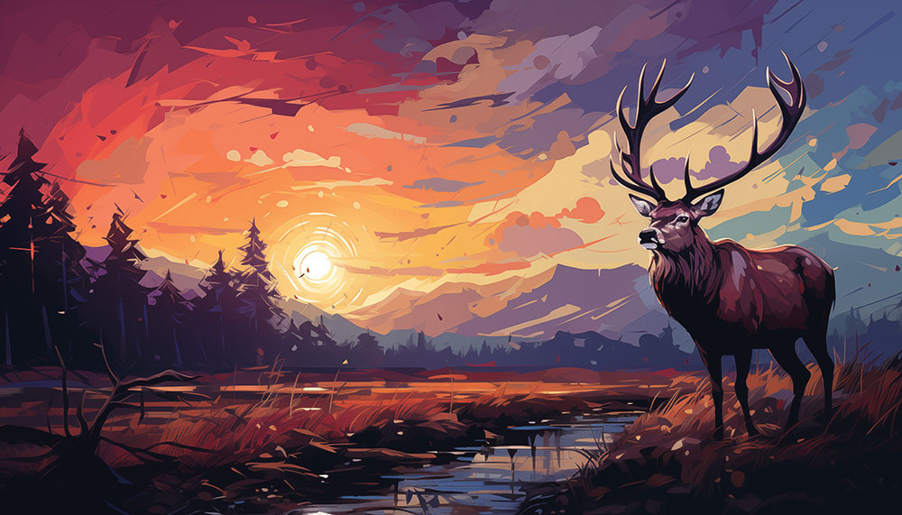 Cerf au coucher du soleil illustration fond d'écran ultra HD 4K pour ordinateur de bureau, ordinateur portable, iPhone et téléphone téléchargement gratuit