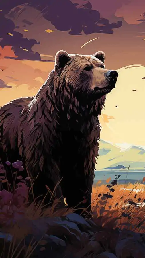 Illustration d'un ours grizzly au coucher du soleil, fond d'écran HD 4K, téléchargement gratuit pour iPhone et téléphone