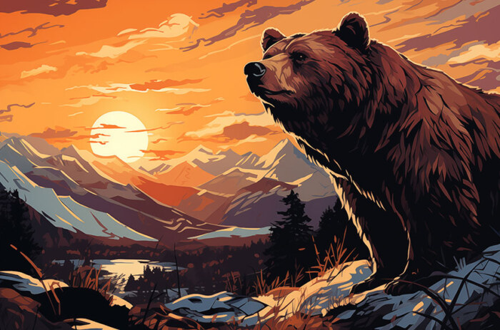 Illustration d'un ours au coucher du soleil fond d'écran ultra HD 4K pour ordinateur de bureau, portable, iPhone et téléphone à télécharger gratuitement