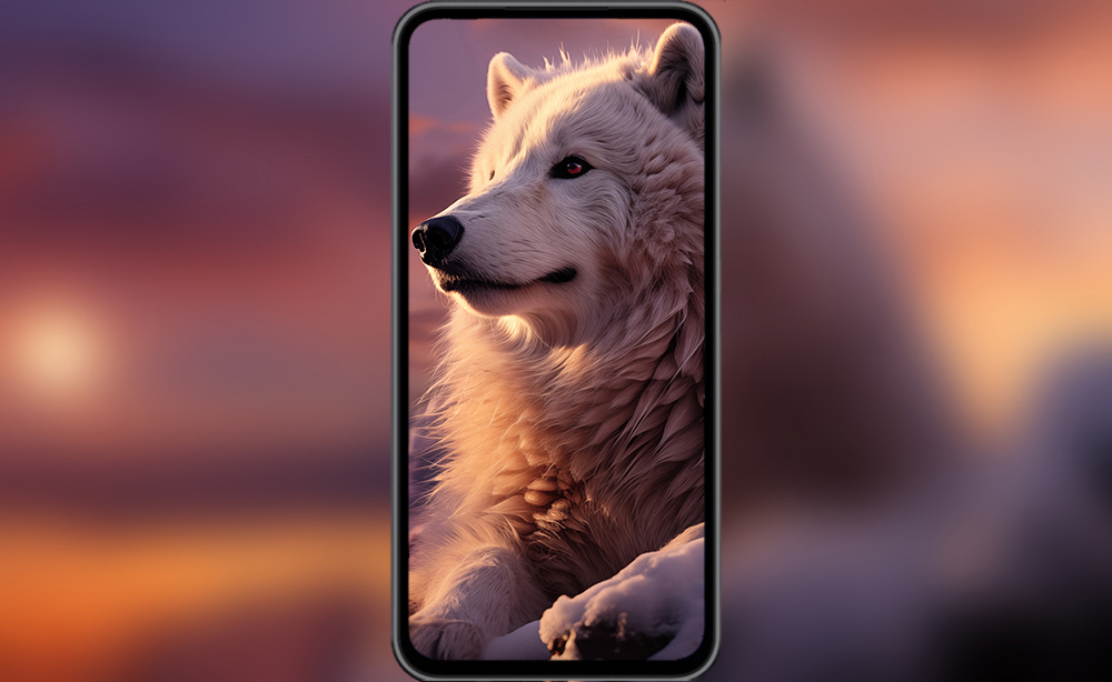 Loup blanc au coucher du soleil fond d'écran ultra HD 4K pour ordinateur de bureau, ordinateur portable, iPhone et téléphone téléchargement gratuit