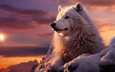 Loup blanc au coucher du soleil fond d'écran ultra HD 4K pour ordinateur de bureau, ordinateur portable, iPhone et téléphone téléchargement gratuit