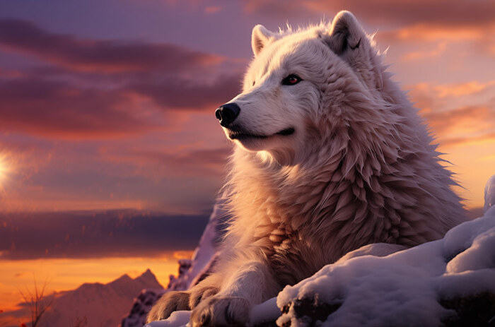 Loup blanc au coucher du soleil fond d'écran ultra HD 4K pour ordinateur de bureau, ordinateur portable, iPhone et téléphone téléchargement gratuit
