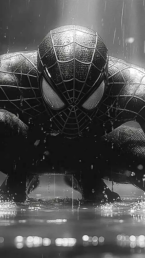 Spiderman in the rain black and white wallpaper 4K HD free download for iphone phone and mobile