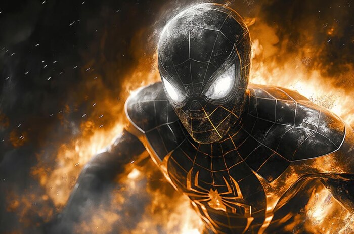Fond d'écran Spiderman costume noir et or 4K HD pour PC de bureau Mac ordinateur portable mobile iPhone téléphone téléchargement gratuit arrière-plan