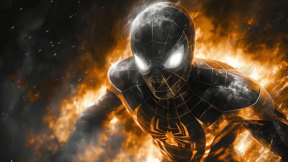 Fond d'écran Spiderman costume noir et or 4K HD pour PC de bureau Mac ordinateur portable mobile iPhone téléphone téléchargement gratuit arrière-plan