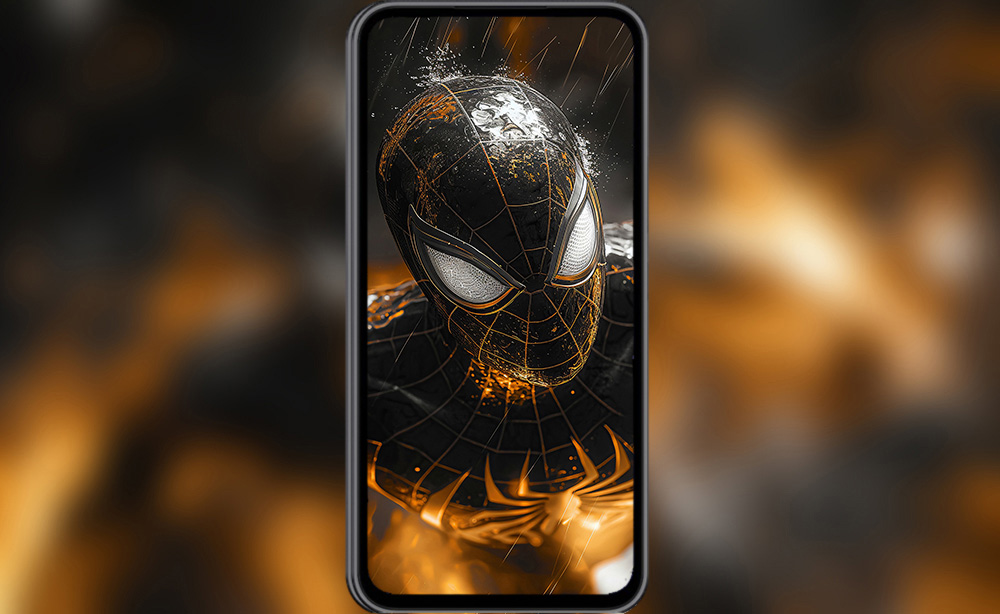 Fond d'écran Spiderman costume or et noir 4K HD pour PC bureau mac portable mobile iPhone téléphone téléchargement gratuit arrière-plan