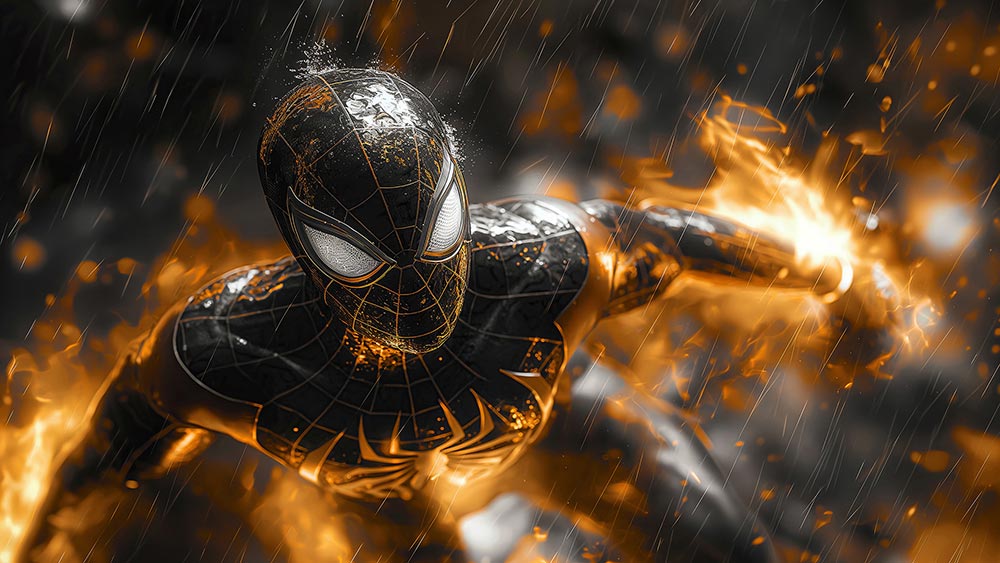 Fond d'écran Spiderman costume or et noir 4K HD pour PC bureau mac portable mobile iPhone téléphone téléchargement gratuit arrière-plan